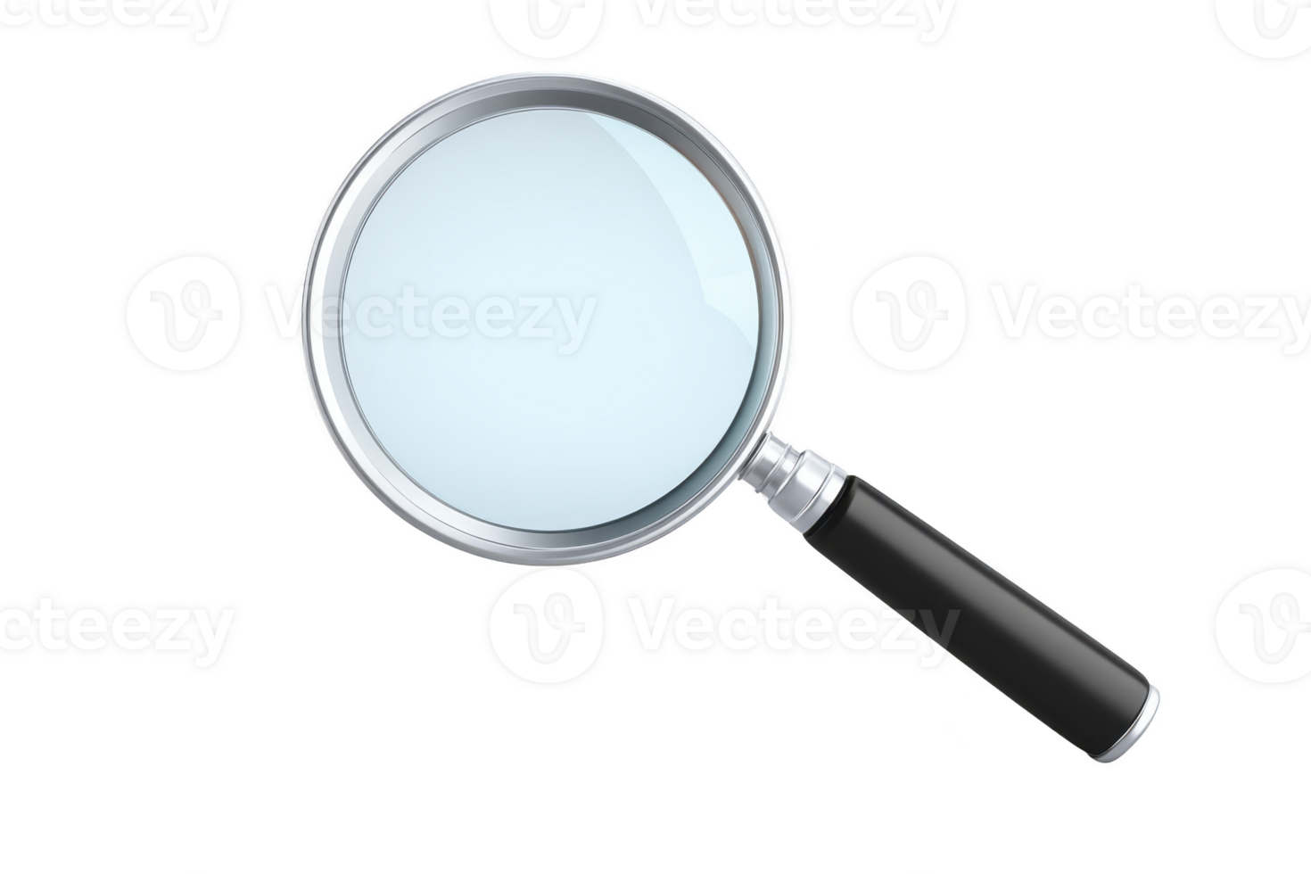 Magnifying glass with black handle and silver rim is shown against transparency background, symbolizing investigation and discovery png