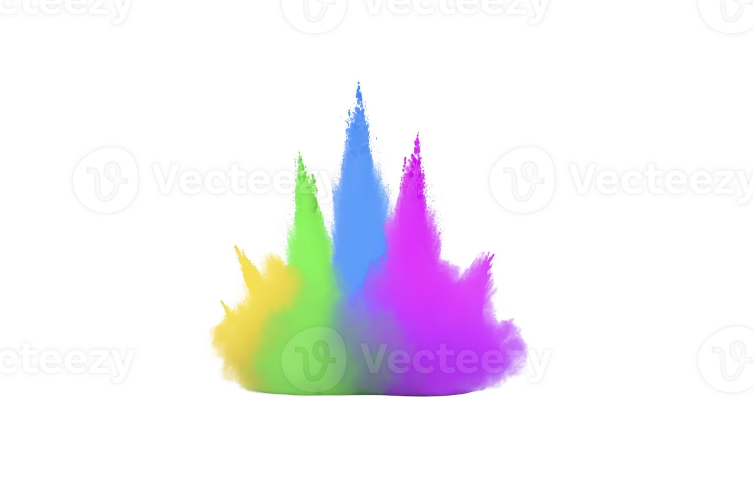 Vibrant explosion of colorful powder creates dynamic and energetic display against transparency background, featuring shades of yellow, green, blue, and purple png