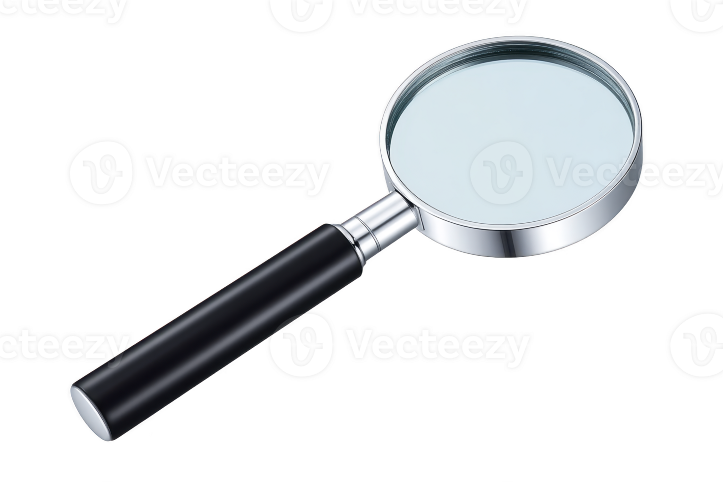 Magnifying glass with black handle and silver frame is shown on transparency background, highlighting its simplicity and functionality png