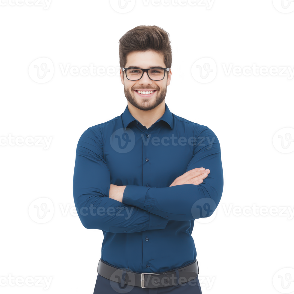 I dont know who this person is, but I can help describe image.A confident man with glasses and beard is smiling while standing with arms crossed, wearing blue shirt. background is plain png
