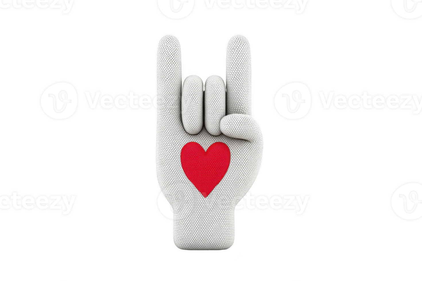 White hand sculpture with red heart symbol in center makes rock and roll gesture, conveying love and passion. design is simple yet expressive png