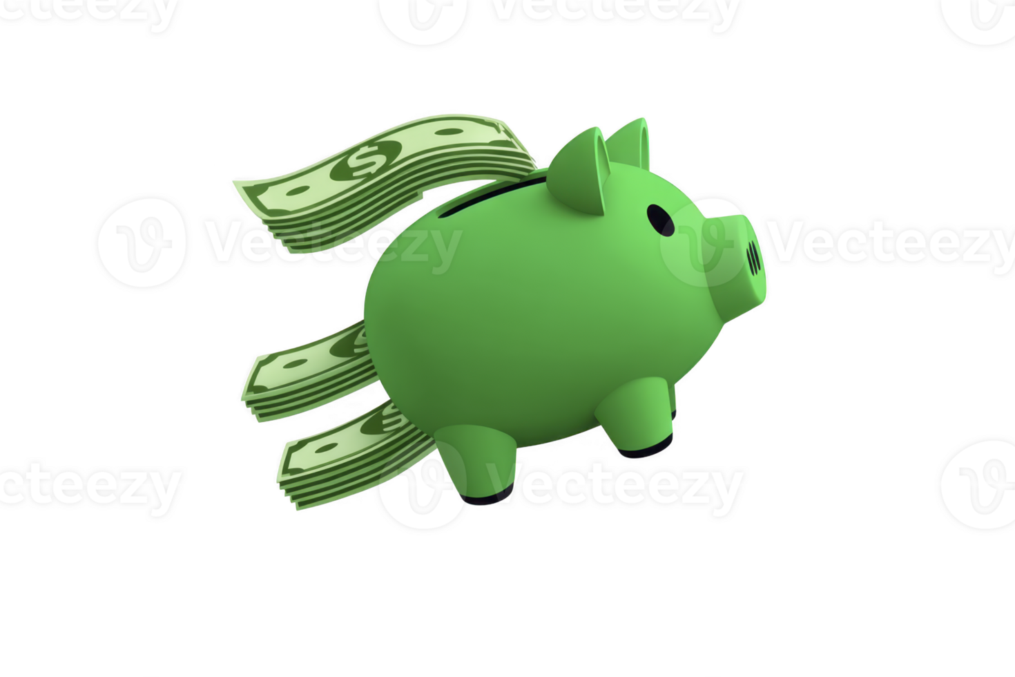 Green piggy bank with dollar bills flying out symbolizes financial savings and investment. image conveys sense of money management and economic growth png