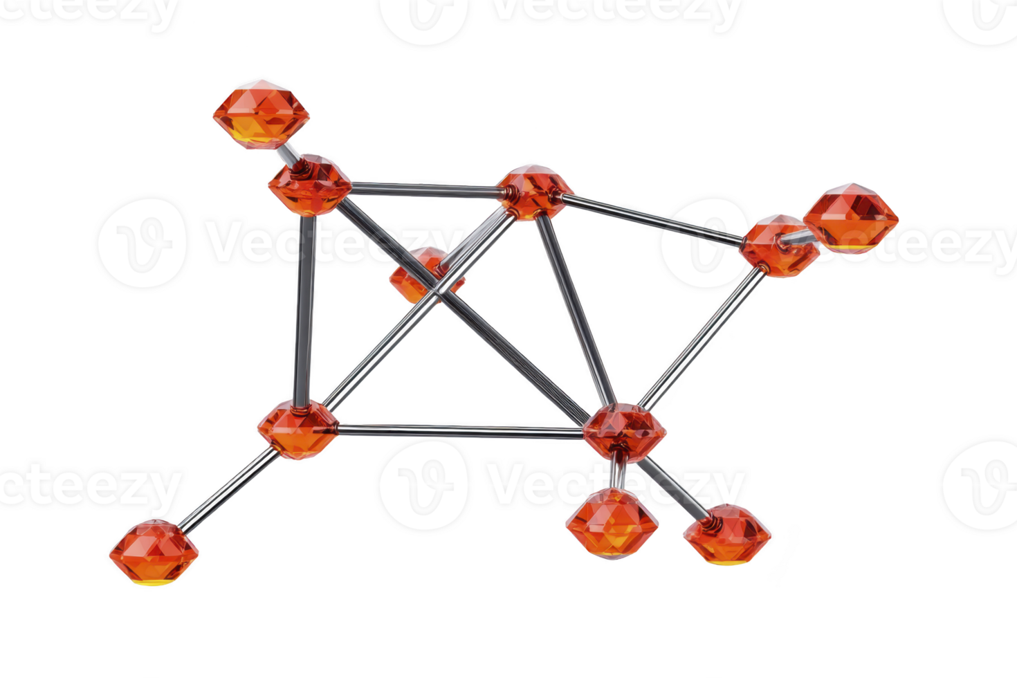 Geometric structure made of interconnected metal rods and orange crystal like nodes, resembling molecular model or abstract sculpture png