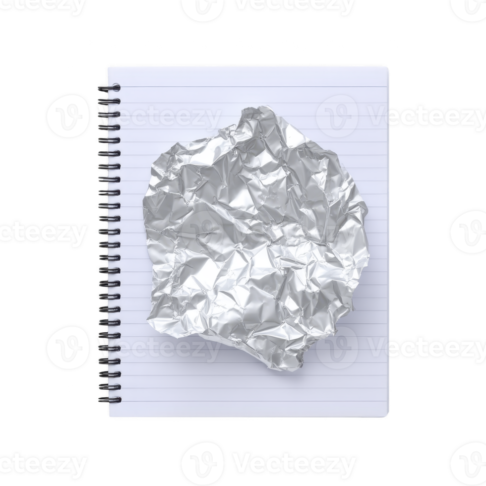 Crumpled piece of aluminum foil rests on open spiral notebook with lined pages, creating contrast between shiny metal and paper. image evokes sense of creativity and spontaneity png