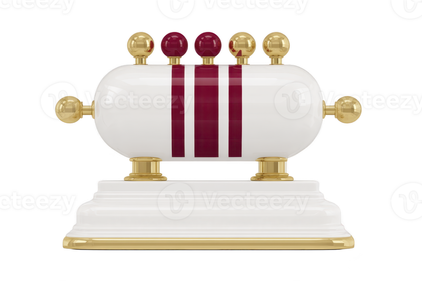 White and gold decorative object with red accents, featuring cylindrical shape and spherical elements, stands on tiered base. design is modern and elegant png