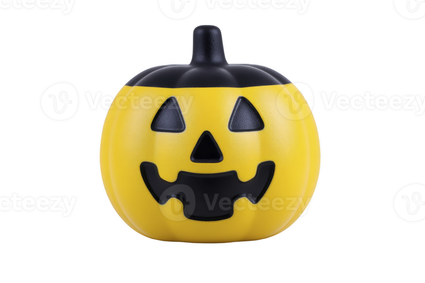 Yellow pumpkin with black stem and carved face creates playful Halloween decoration. cheerful expression adds whimsical touch to festive decor png