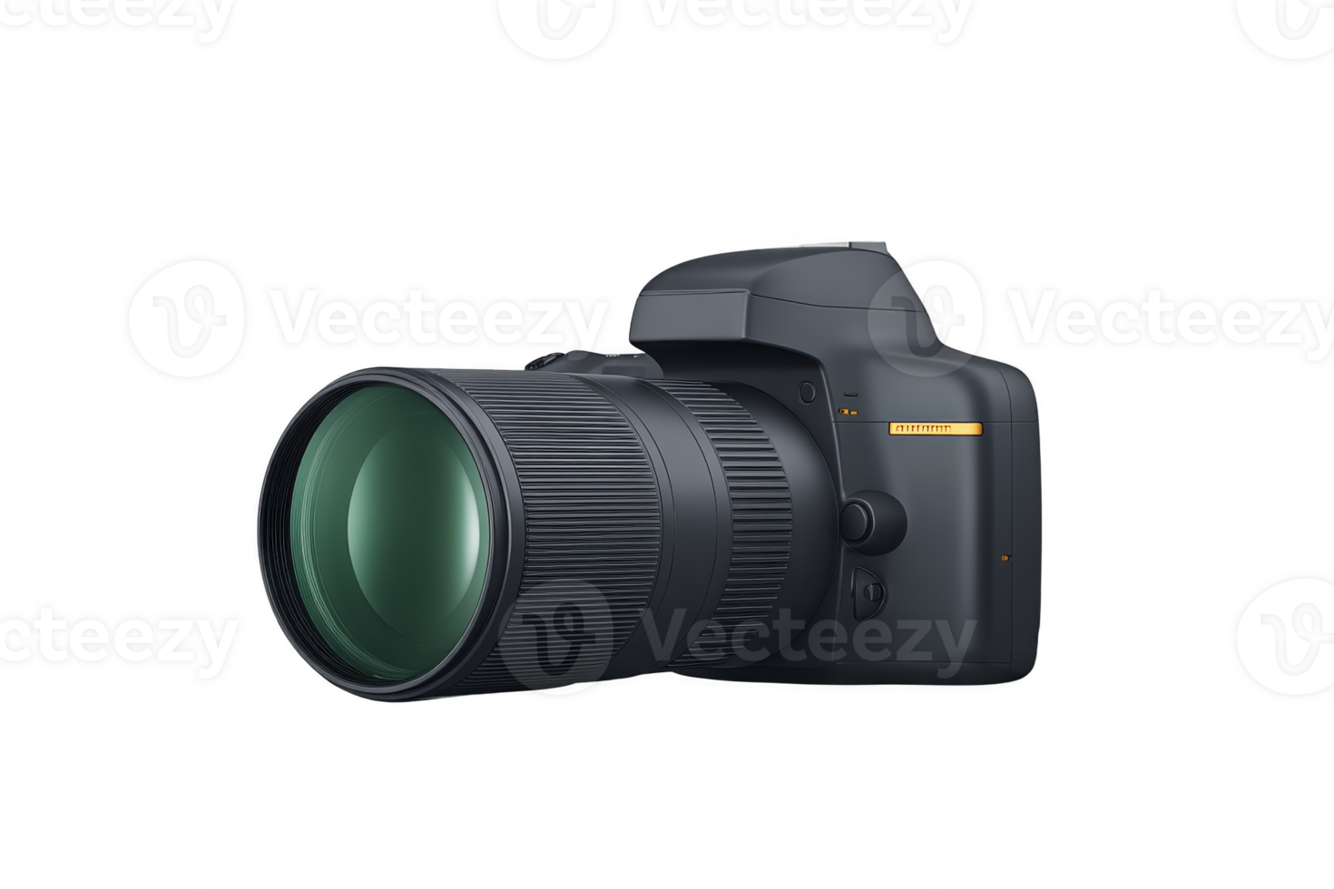 Sleek black DSLR camera with large lens, perfect for capturing high quality images. camera design is modern and professional, ideal for photography enthusiasts png