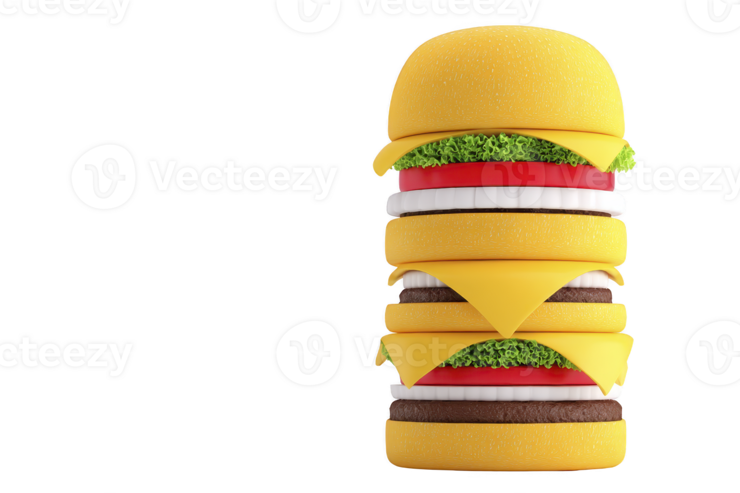 Playful, oversized cheeseburger toy with layers of cheese, lettuce, tomato, and beef patties stacked high, creating whimsical and fun appearance png
