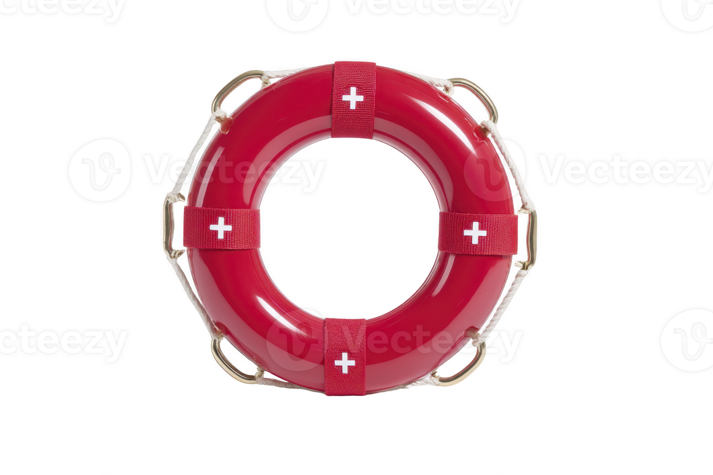 Red lifebuoy with white cross symbols is shown against transparency background. lifebuoy features multiple straps and metal hooks for secure attachment, emphasizing safety and rescue png