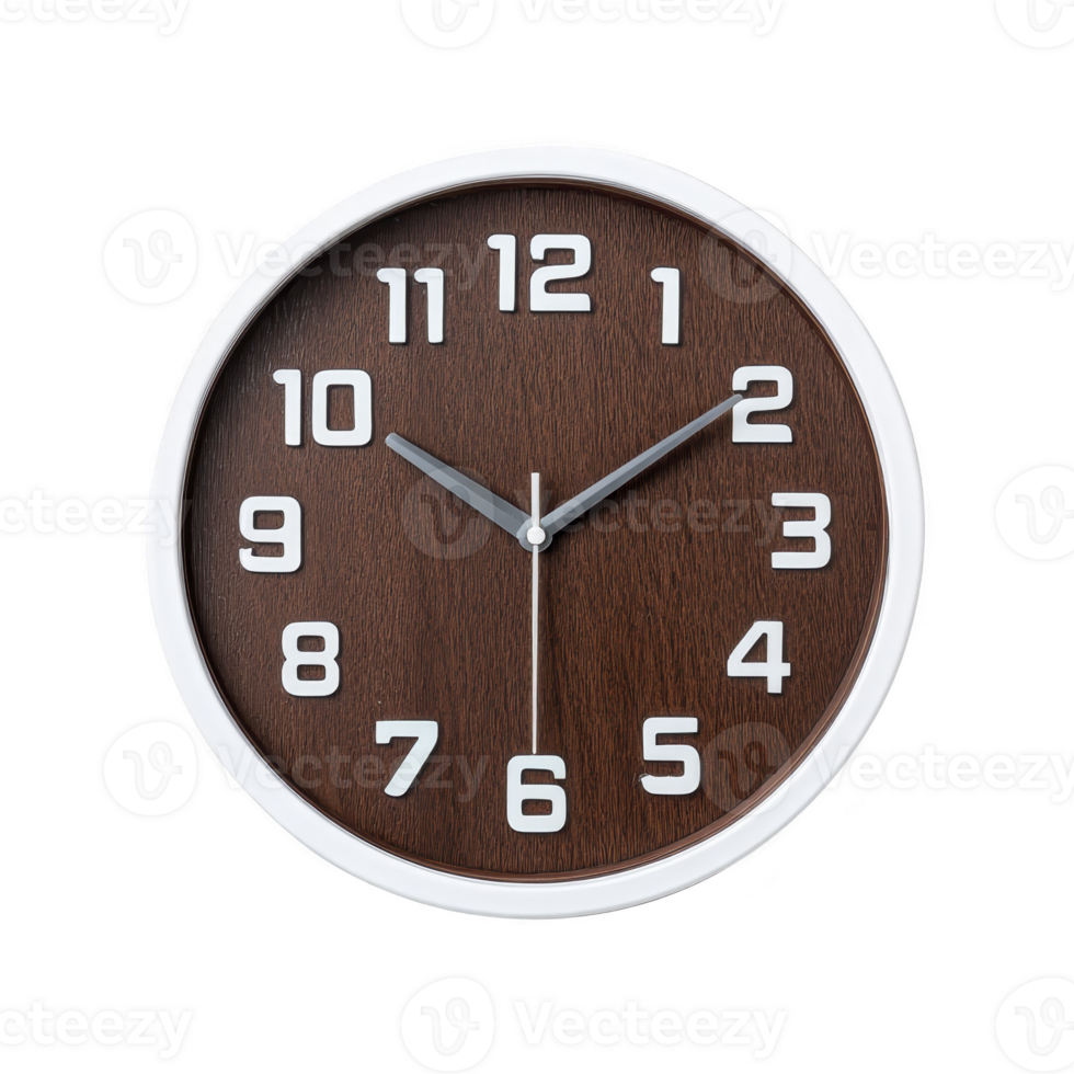 Round wall clock with wooden face and white frame features bold white numbers and sleek black hands, set against simple transparency background png