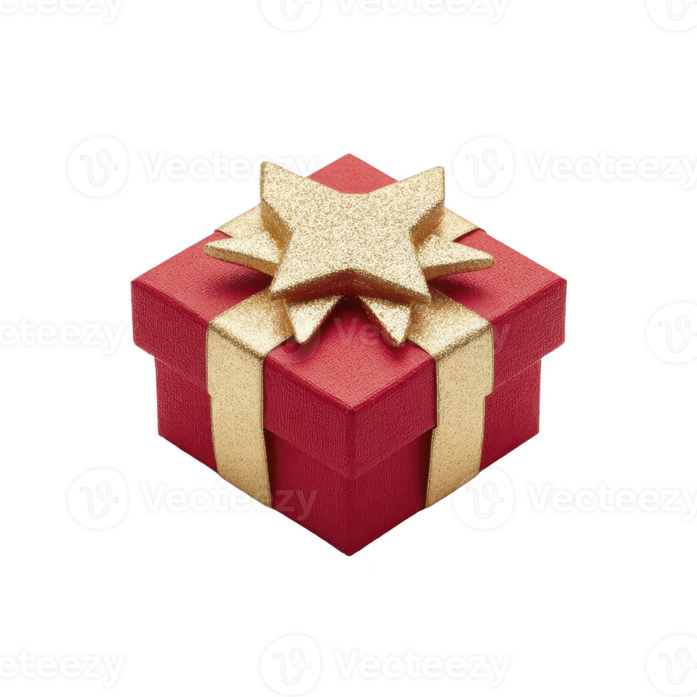 Red gift box with glittery gold star shaped bow and ribbon, perfect for festive occasions like Christmas or birthdays, exudes sense of celebration and joy png