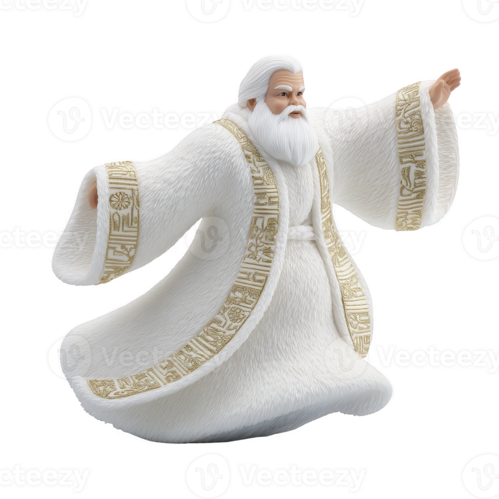 Bearded figure in flowing white robe with gold embroidery gestures gracefully, evoking sense of wisdom and serenity. detailed texture of robe adds depth to image png