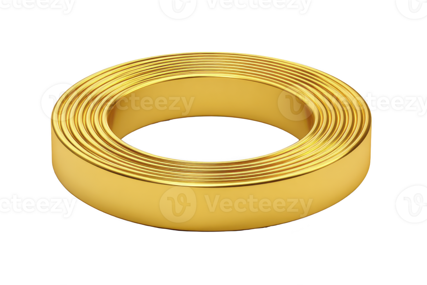 Shiny, golden metallic coil is neatly arranged in circular shape, reflecting light and creating luxurious appearance. smooth surface and precise loops give it modern, elegant look png