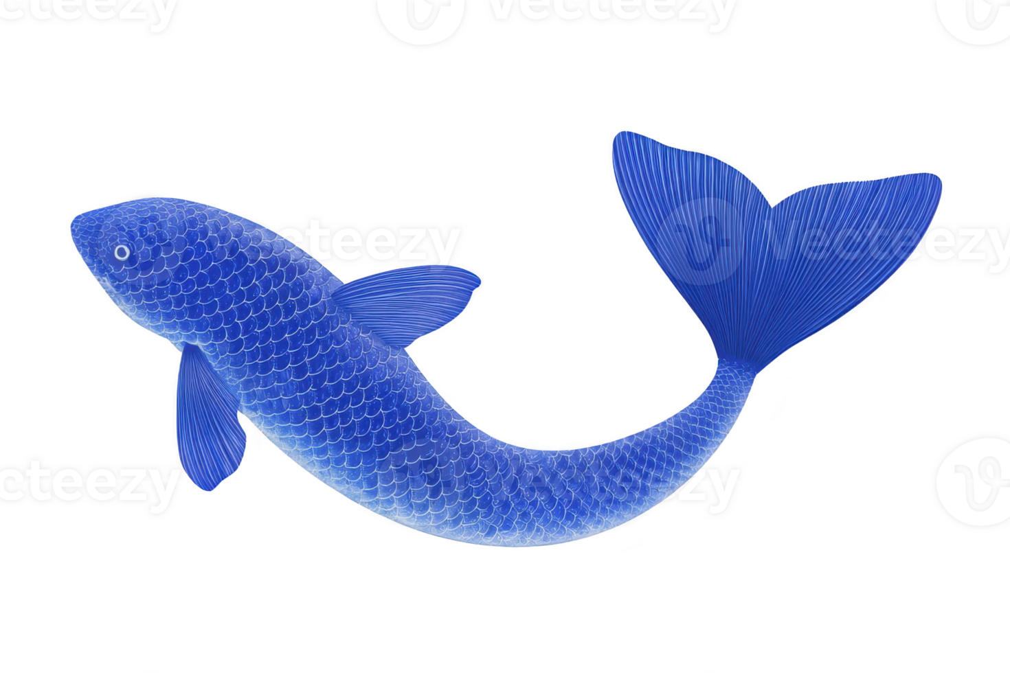 Vibrant blue fish with detailed scales and fins, swimming gracefully. fish body is elongated with slightly curved tail, showcasing its elegant form png