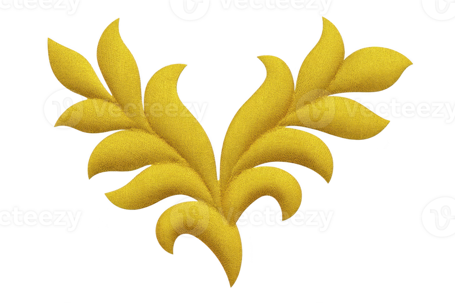 Golden, ornate leaf design with symmetrical pattern, featuring curved, stylized leaves. elegant decoration is suitable for use in art, design, or as decorative element png