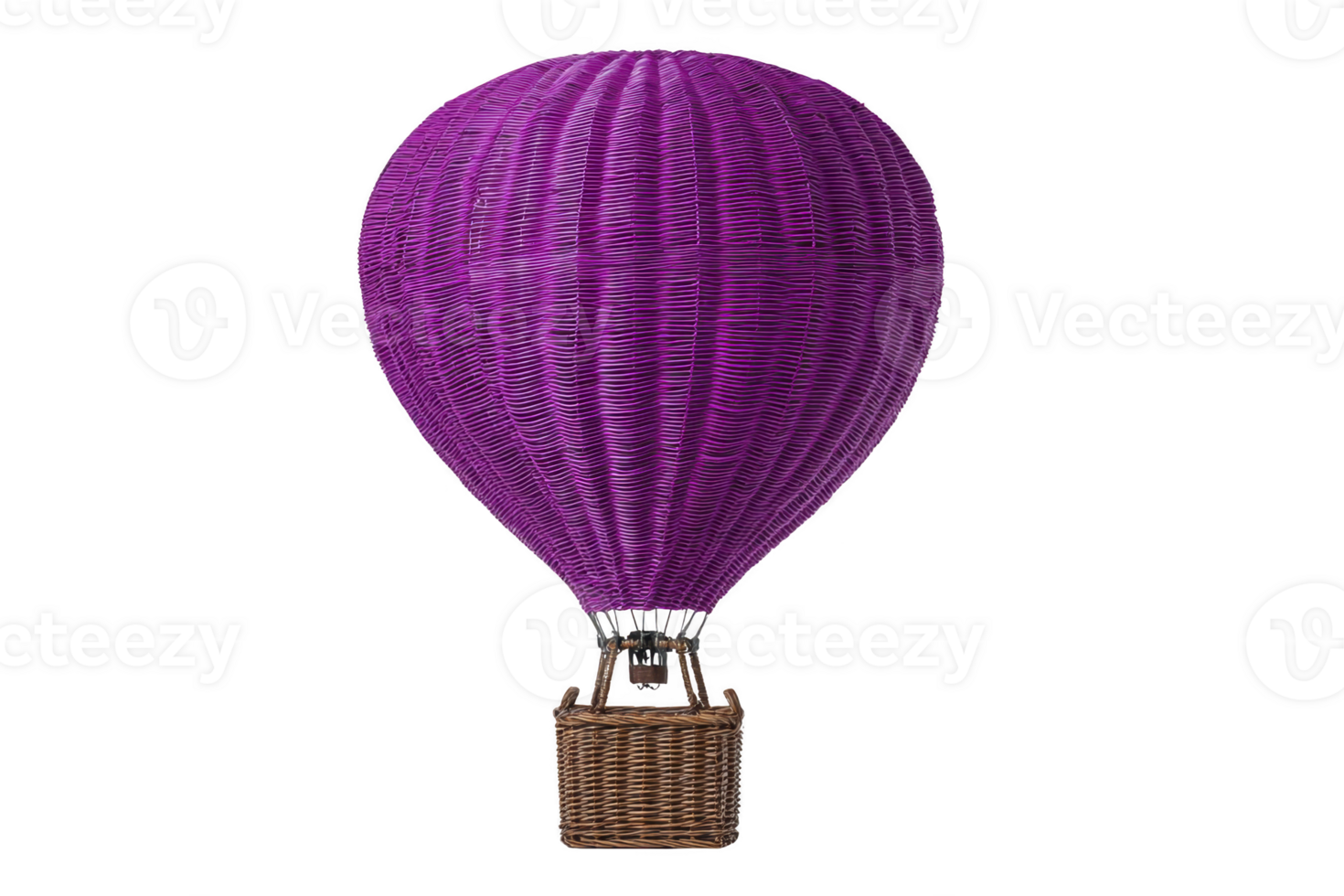 Vibrant purple hot air balloon with wicker basket, isolated on transparency background, showcasing whimsical and adventurous theme png