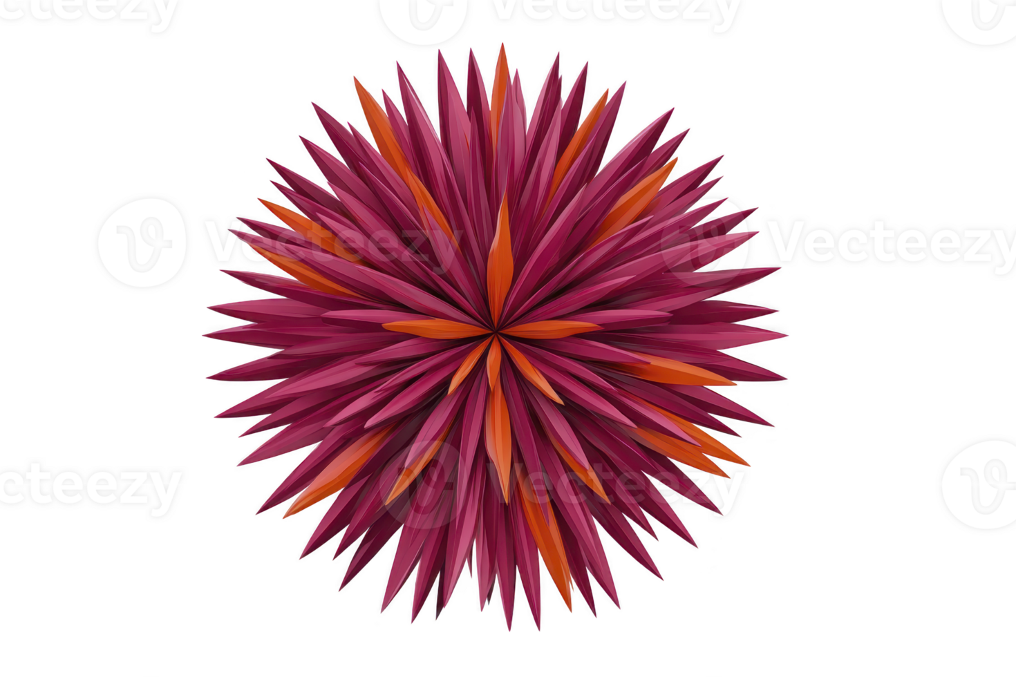Vibrant, abstract 3D flower with sharp, pointed petals in shades of pink, red, and orange, creating dynamic and symmetrical design. petals radiate from center, forming striking geometric pattern png