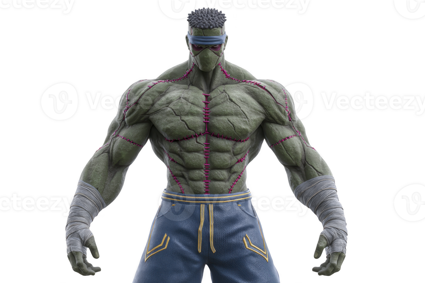 Muscular, green skinned character with stitched scars and wrapped hands stands confidently, wearing blue pants with yellow stripes. character exudes strength and intensity png