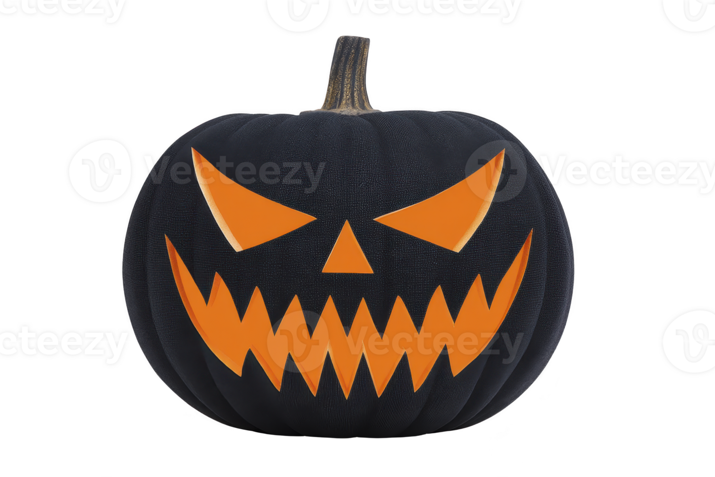 Black pumpkin with carved, glowing orange face creates spooky Halloween atmosphere. sharp, jagged features of eyes and mouth add to eerie effect png