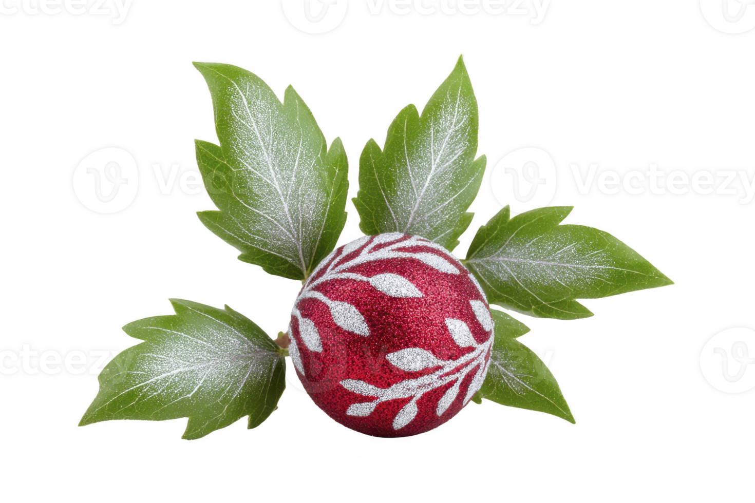 Red Christmas ornament with white leaf patterns is surrounded by green leaves, creating festive and elegant decoration png