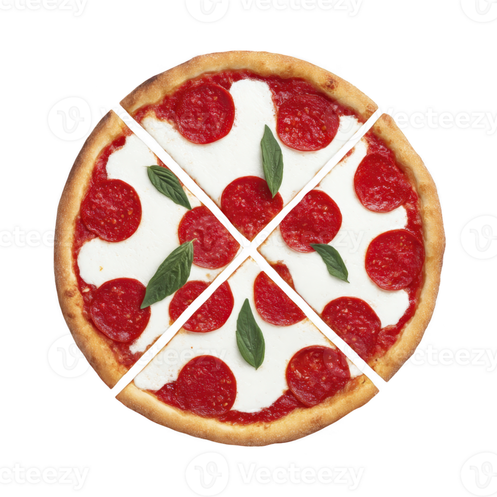 Delicious pepperoni pizza with fresh basil leaves, cut into four slices, showcasing crispy crust and vibrant toppings. Perfect for tasty meal or snack png
