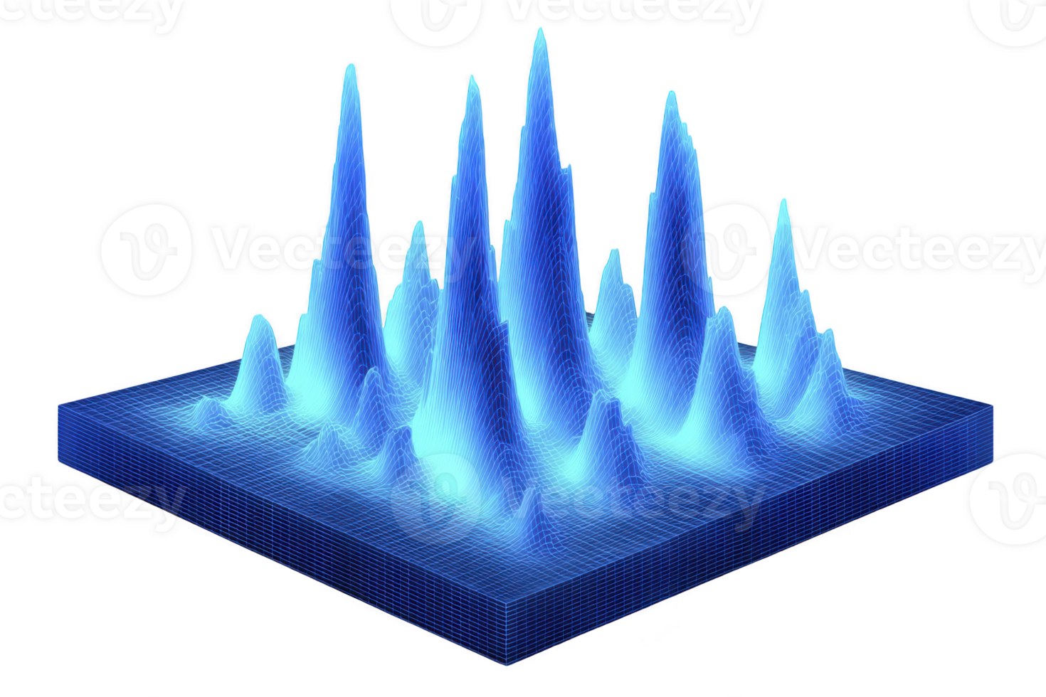 3D blue wireframe graph displays multiple peaks and valleys, representing data visualization or digital landscape. glowing effect adds futuristic and analytical feel png