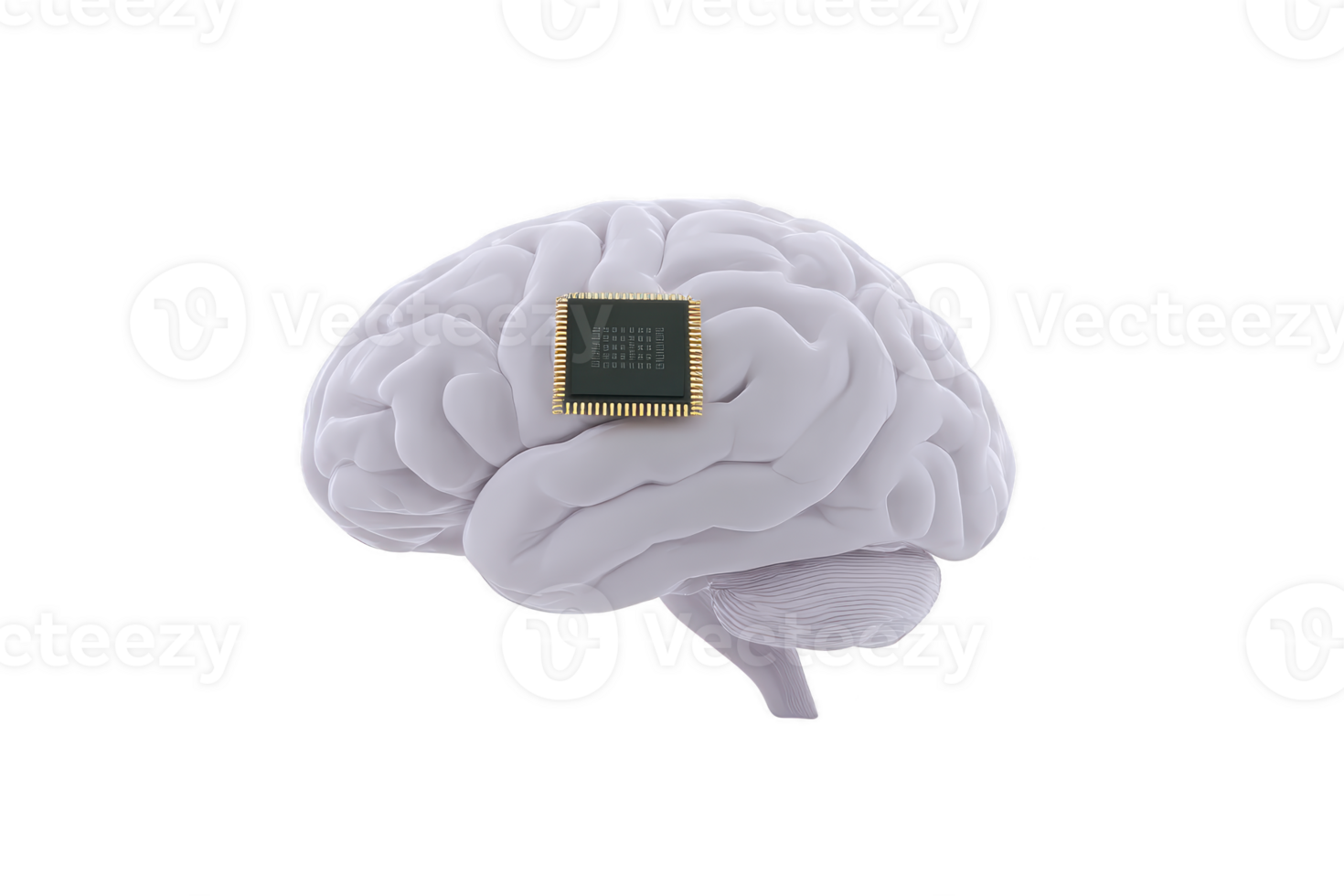 Digital illustration of human brain with microchip embedded, symbolizing fusion of technology and biology, artificial intelligence, and futuristic innovation png