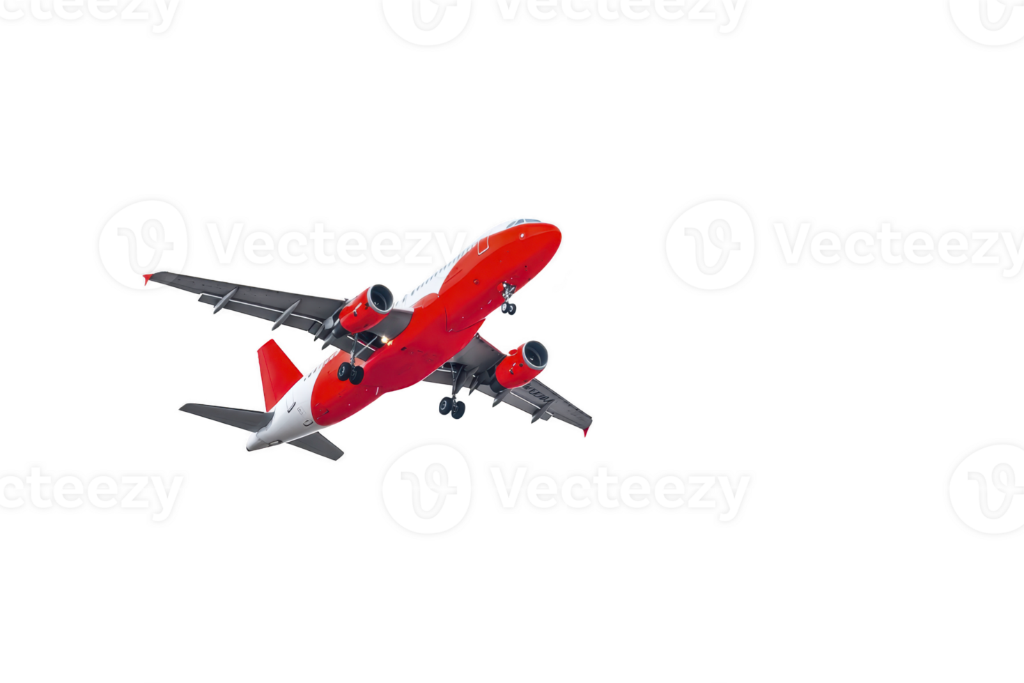 Red and white commercial airplane is flying in clear sky, showcasing its undercarriage and engines. aircraft is captured mid flight, highlighting its sleek design and vibrant colors png