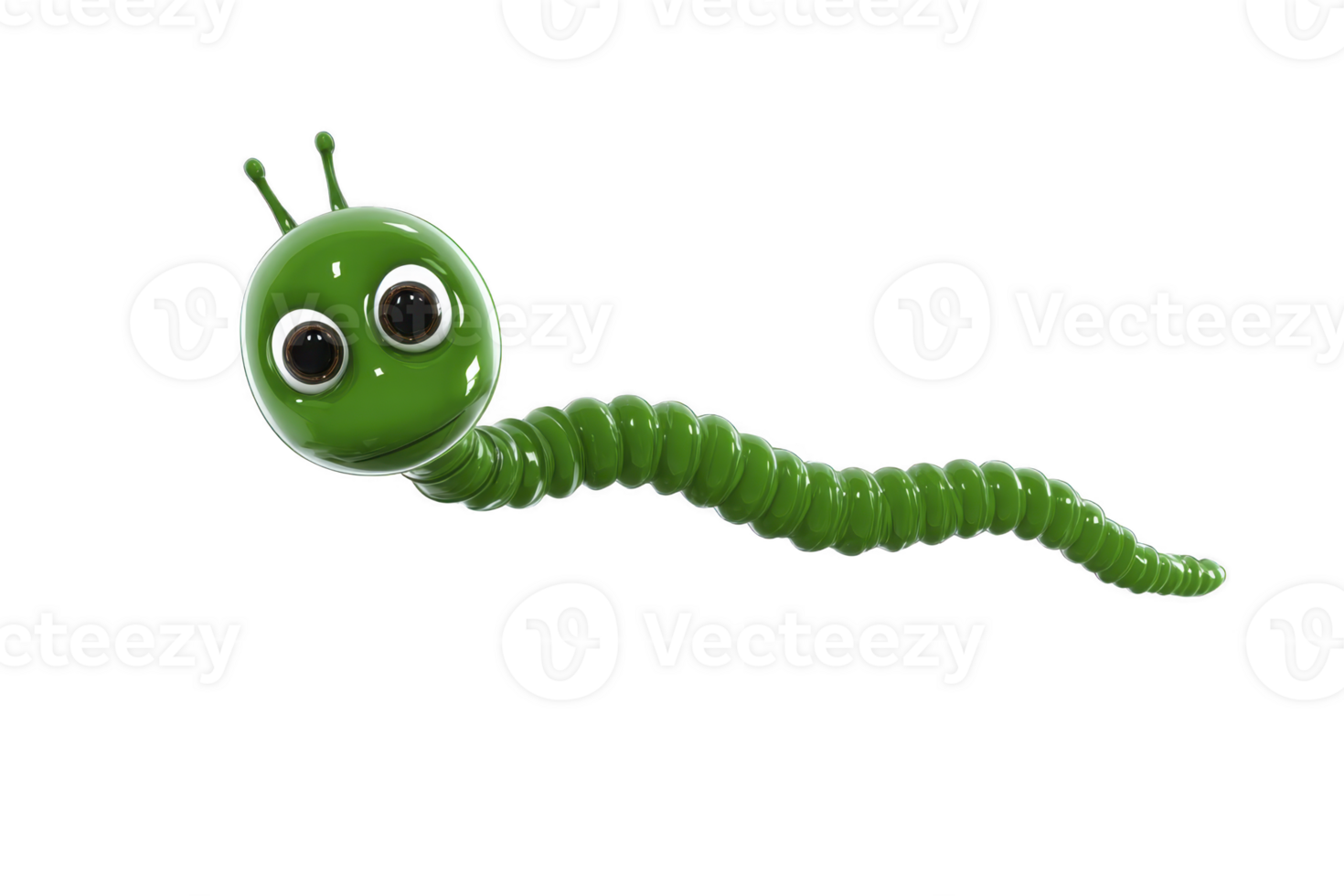 Cute, cartoonish green caterpillar with big eyes and segmented body is depicted against transparency background, conveying playful and whimsical vibe png