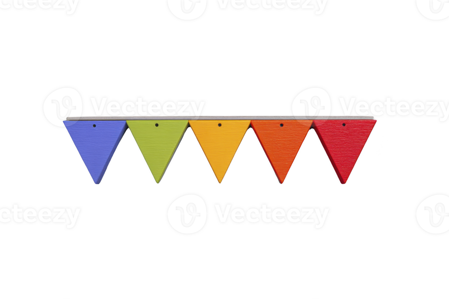 Colorful wooden triangles arranged in row each painted in different vibrant hue including blue green yellow orange and red creating cheerful and playful display png