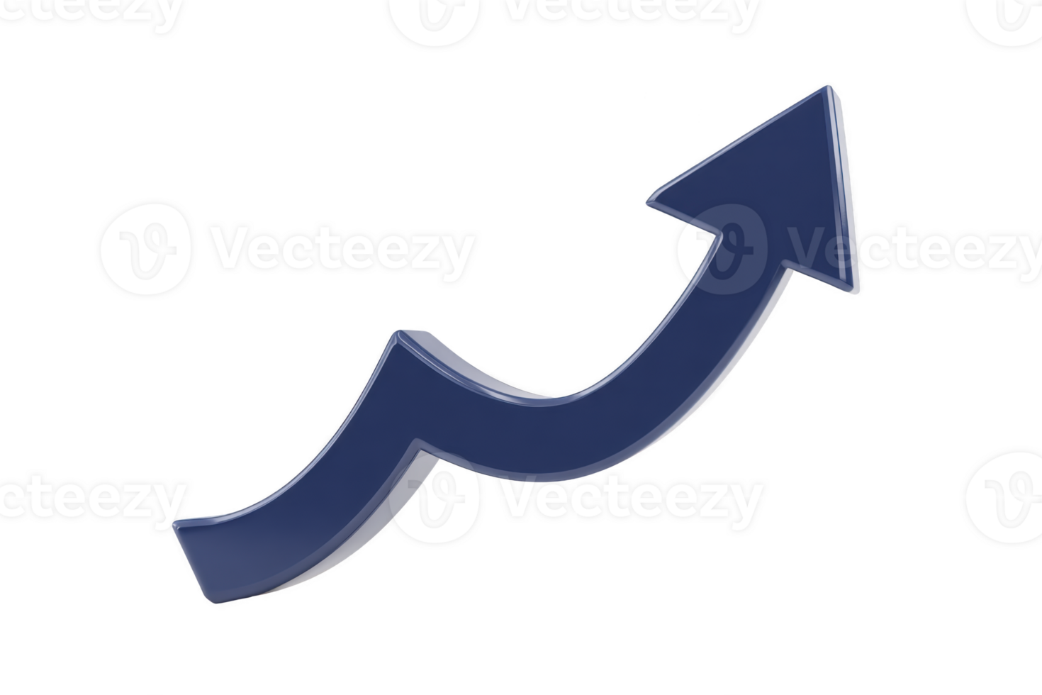 3D blue arrow curves upward, symbolizing growth and progress. arrow sleek design and upward trajectory convey sense of positive momentum and success png