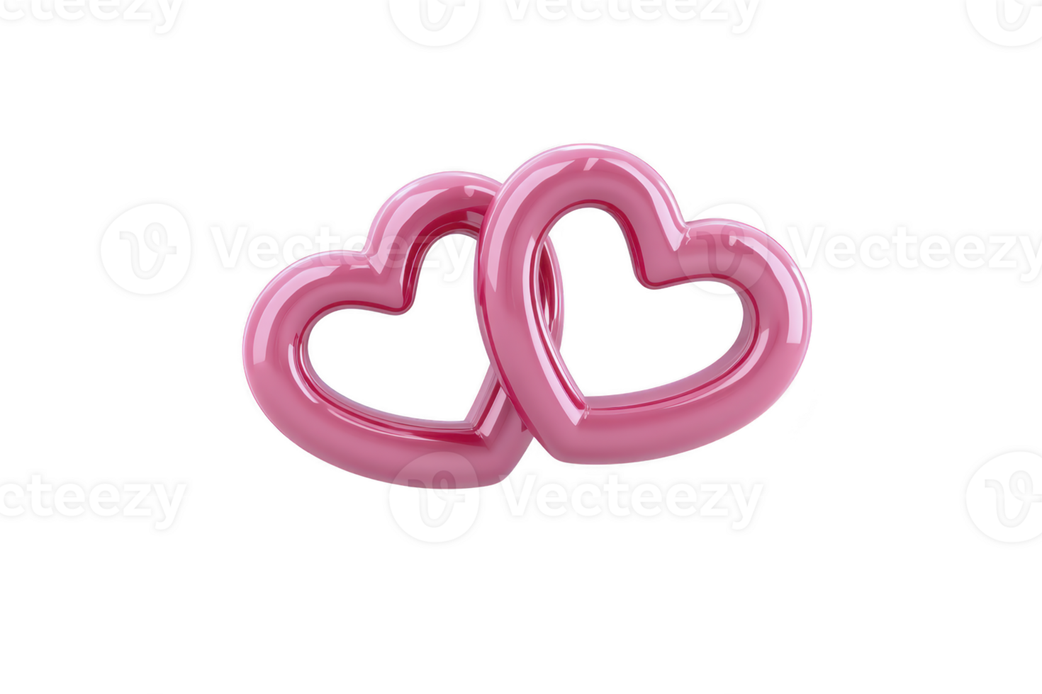Two intertwined pink heart shapes symbolize love and connection, featuring glossy, reflective surface. hearts are positioned against plain background, emphasizing their romantic theme png