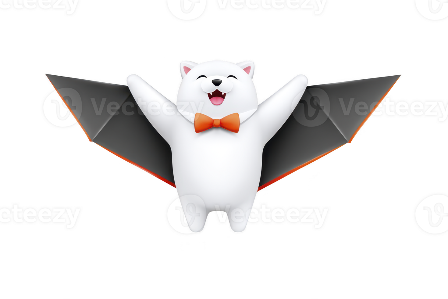 Cute white cartoon cat with bat wings and orange bow tie joyfully spreads its wings, creating playful and whimsical Halloween theme png