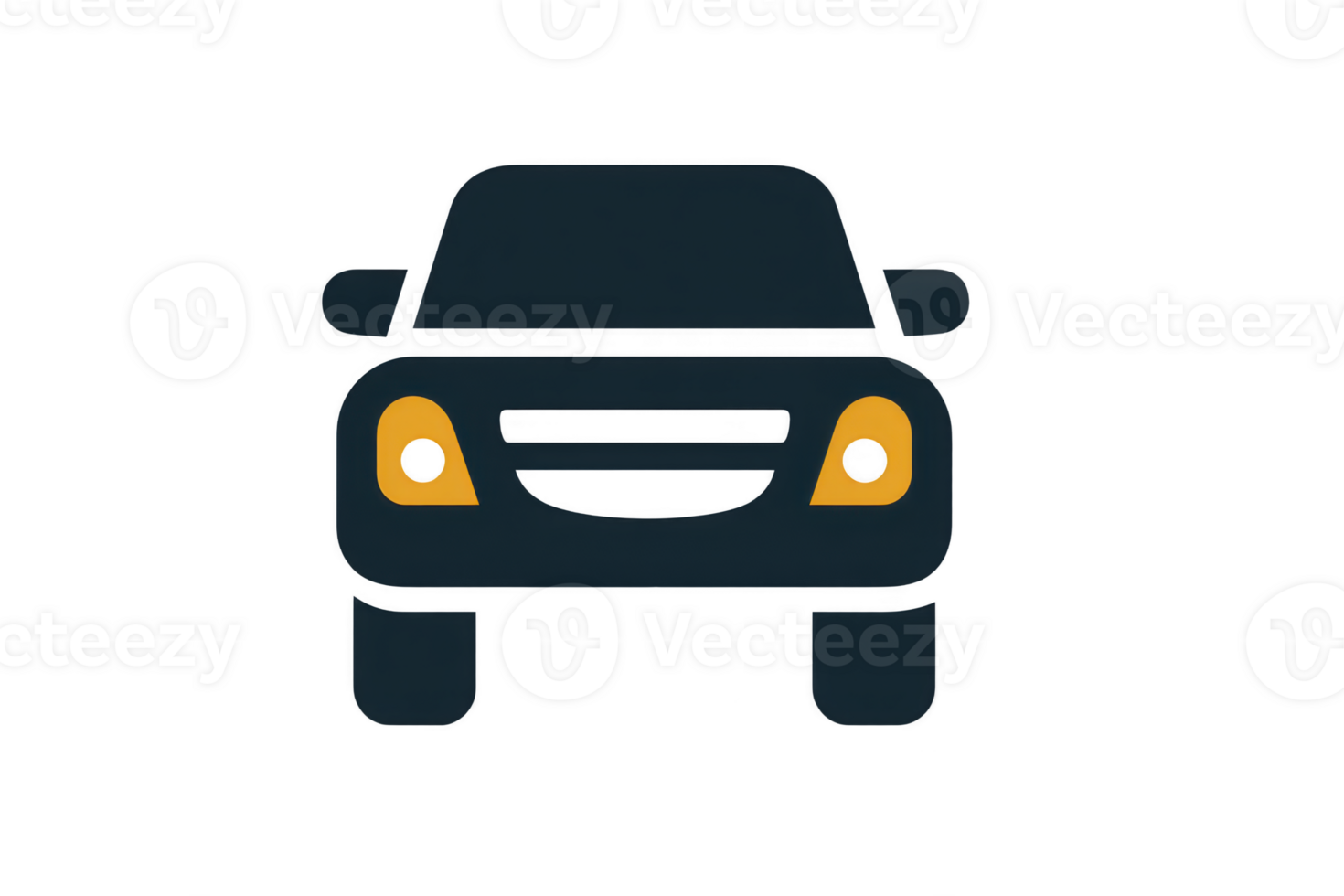 Simple illustration of car with minimalist design, featuring black body and yellow headlights, viewed from front. style is cartoonish and playful png
