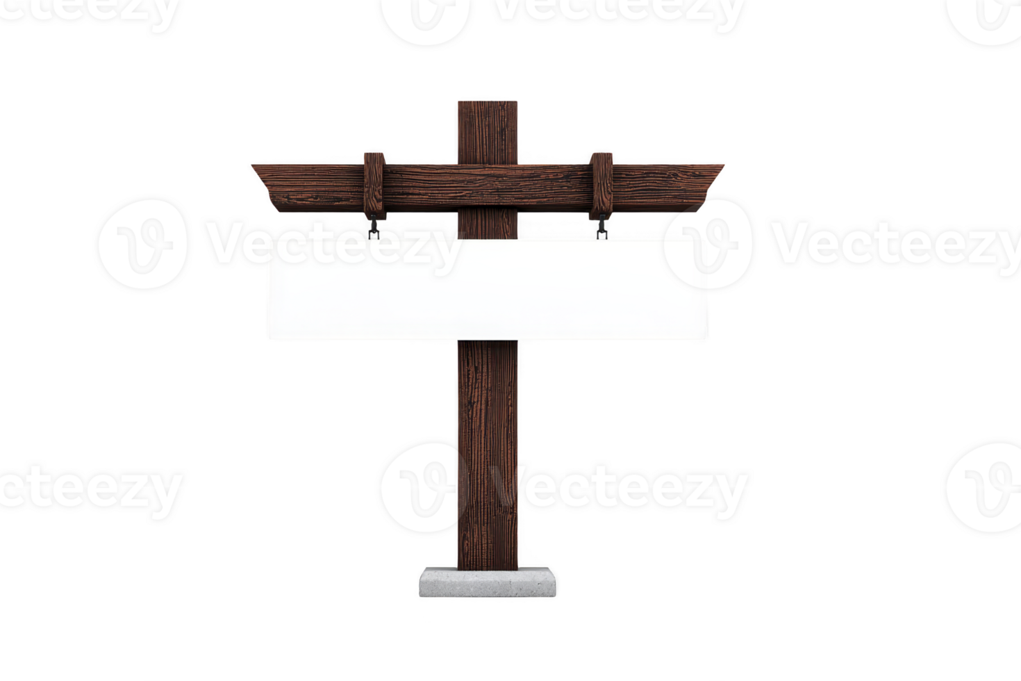 Wooden signpost with blank white rectangular sign hanging from it, ready for customization. rustic design features dark wood texture and sturdy concrete base, ideal for outdoor use png