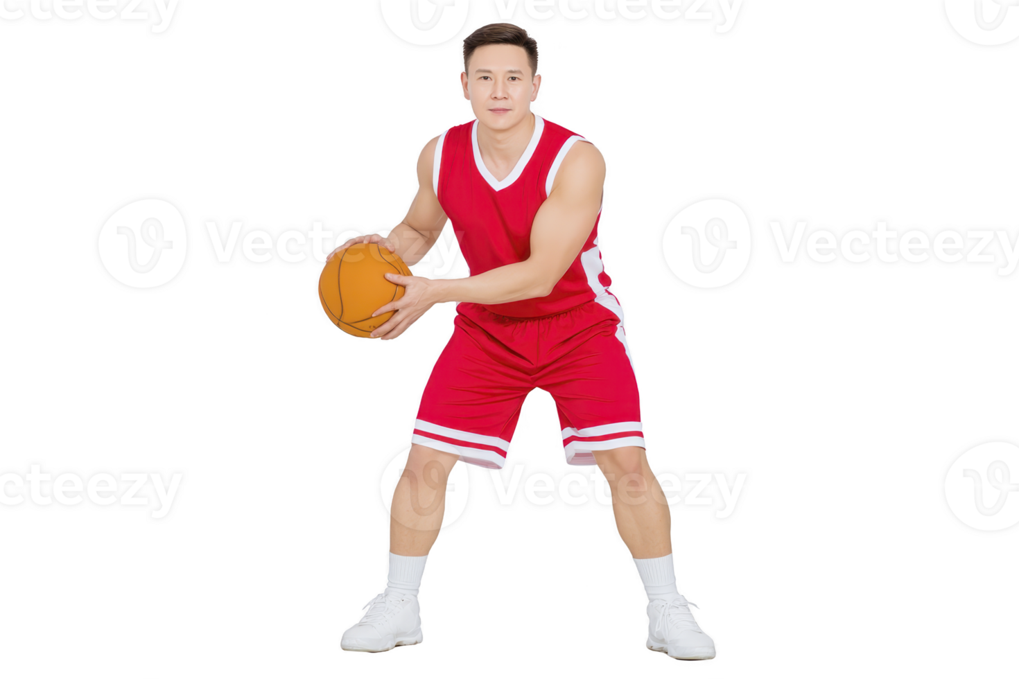 Man in red basketball uniform is holding basketball, ready to play. He stands confidently, showcasing athleticism and focus. background is plain, emphasizing subject png