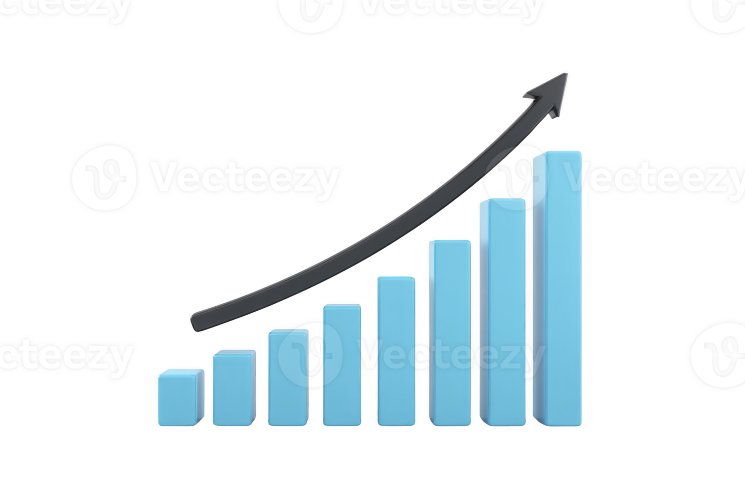 3D bar graph with blue bars and upward arrow represents growth and success in business or finance. increasing trend signifies positive progress and achievement png