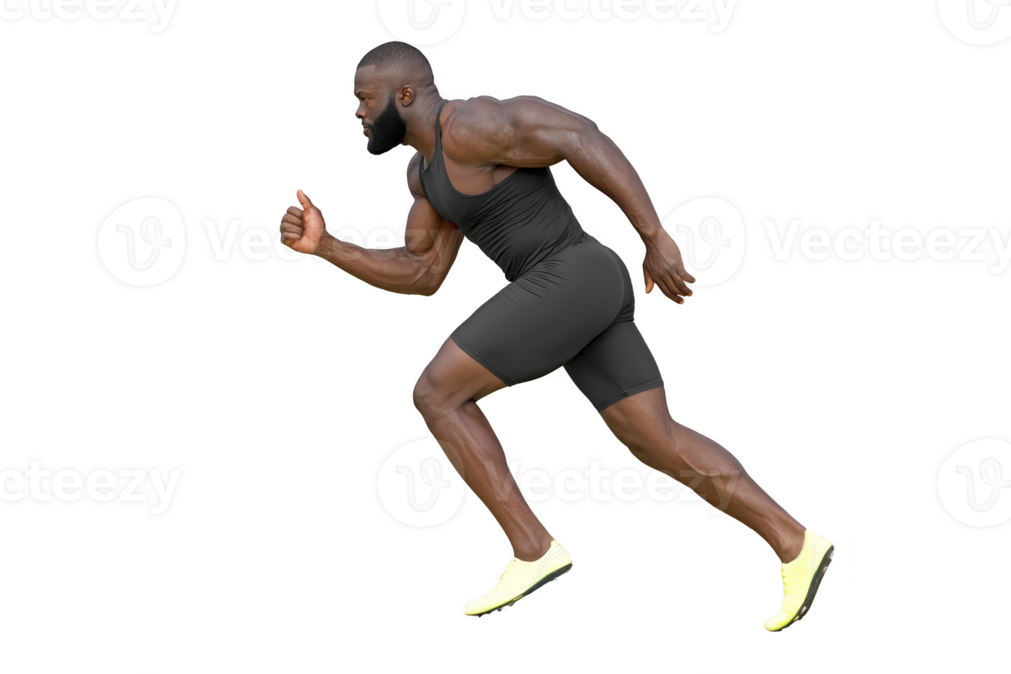 Muscular athlete in black athletic outfit and yellow shoes is captured in mid sprint, showcasing strength and determination. dynamic pose highlights his powerful physique and focus png