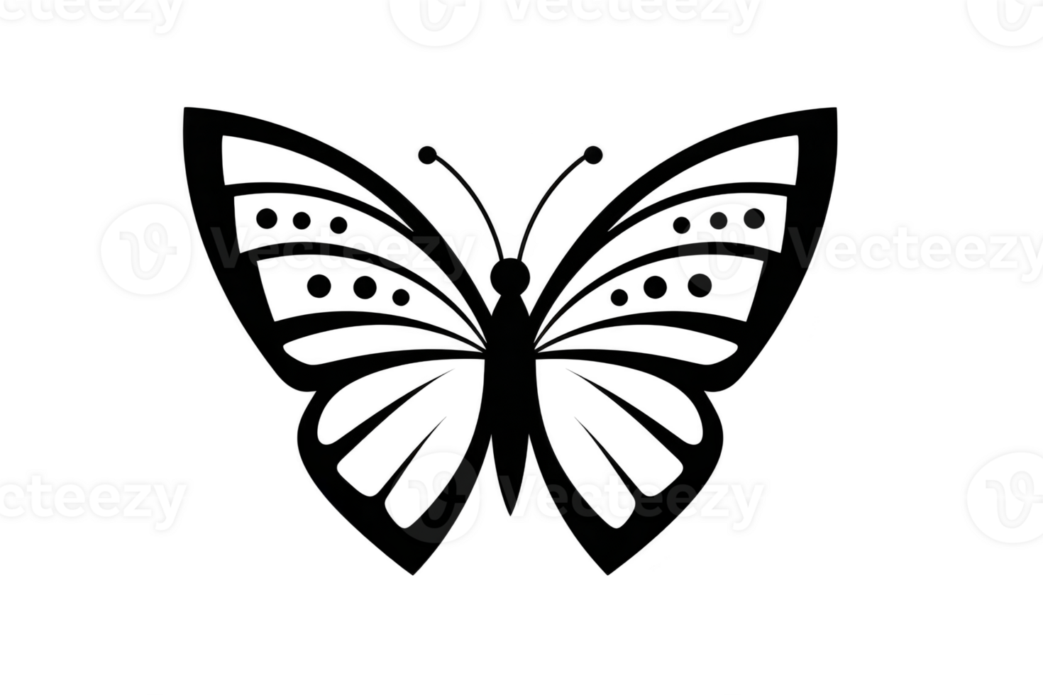 Black and white butterfly silhouette with intricate wing patterns, featuring dots and lines, is depicted in simple, elegant design. symmetrical shape adds sense of balance and beauty png
