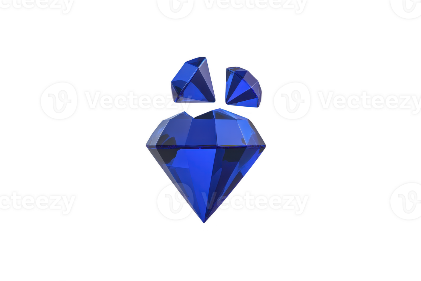 Vibrant blue gemstone with faceted design, featuring large central gem and two smaller ones above it, set against plain background. gems have glossy, reflective surface png