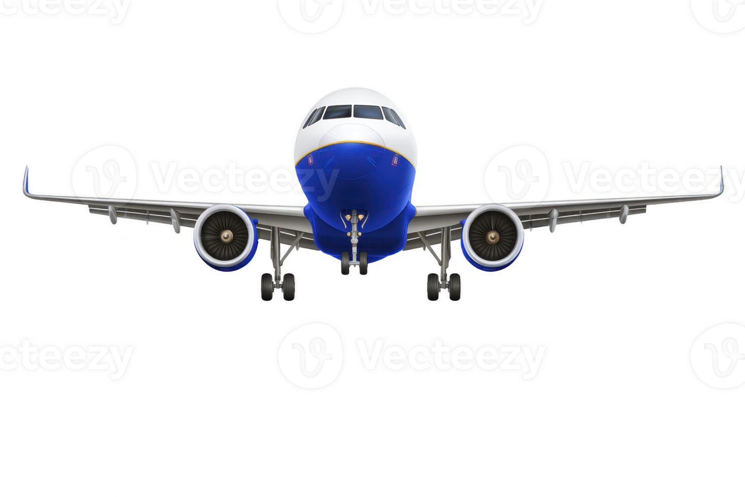 Commercial airplane with blue and white color scheme is flying directly towards viewer, showcasing its engines and wings. aircraft is set against clear background png
