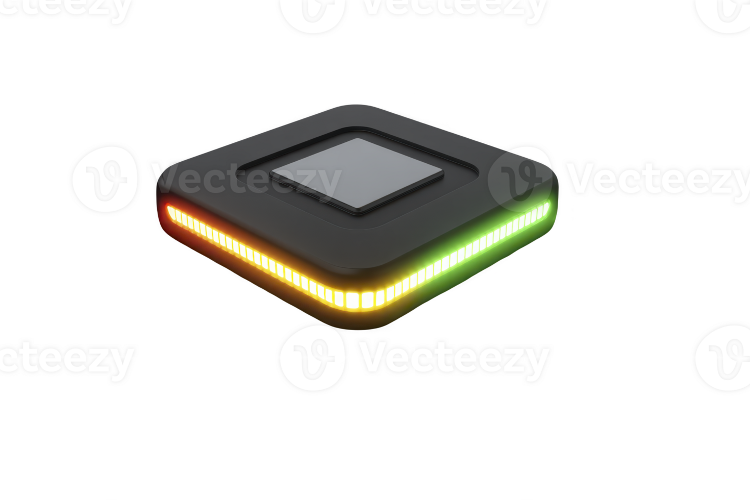 Sleek, modern black electronic device with glowing LED lights in red and green, possibly smart gadget or tech accessory, isolated on transparency background png
