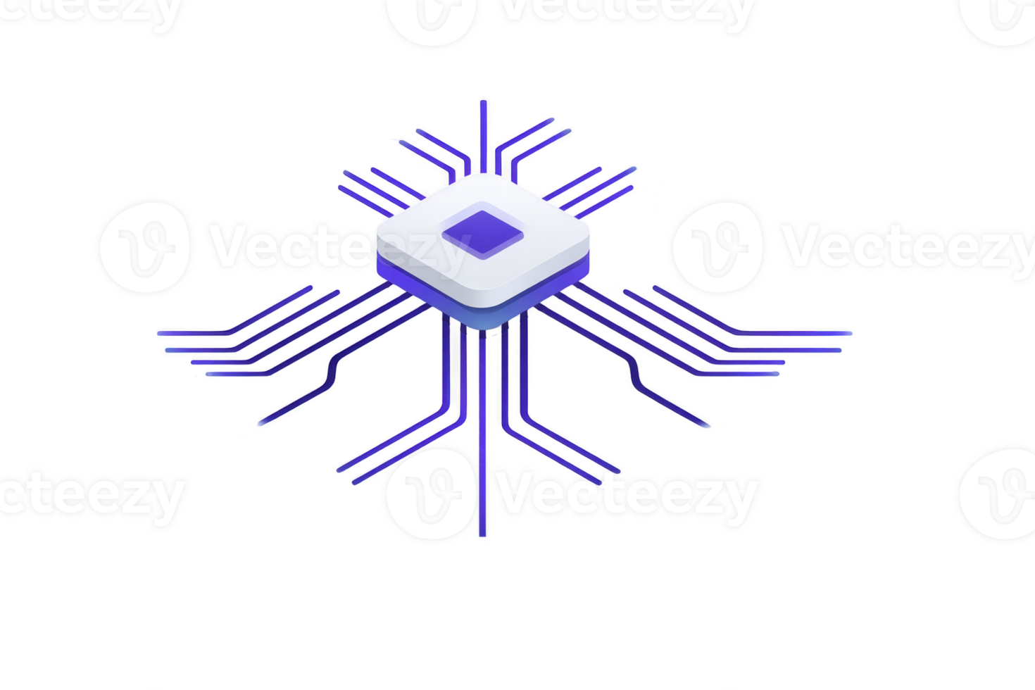 3D illustration of futuristic microchip with glowing blue circuits extending outward, symbolizing advanced technology and connectivity png