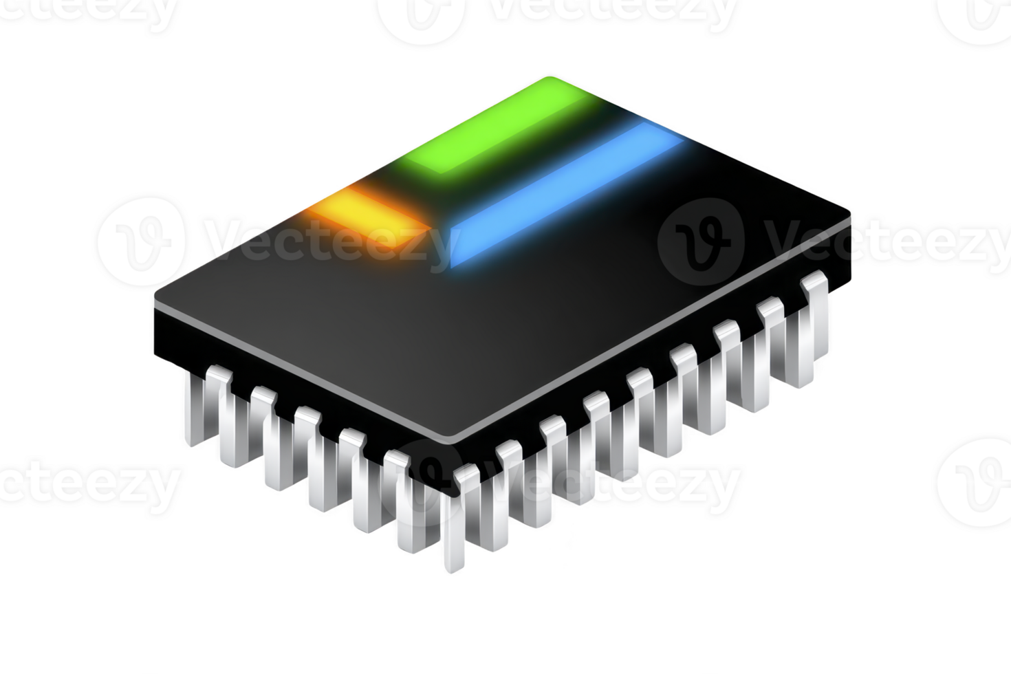 Black microchip with colorful LED indicators, featuring metallic pins its sides, represents modern technology and innovation electronics. vibrant lights suggest functionality and connectivity png