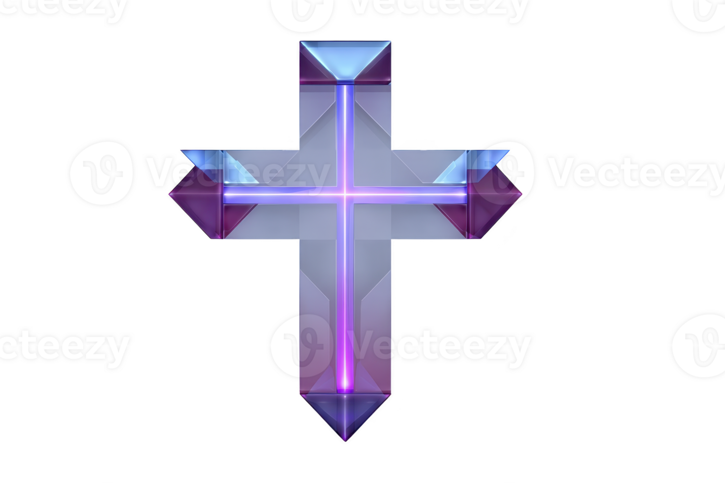 Glowing, geometric cross with futuristic design features vibrant purple and blue hues, creating striking and modern appearance. transparent elements add depth and intrigue png