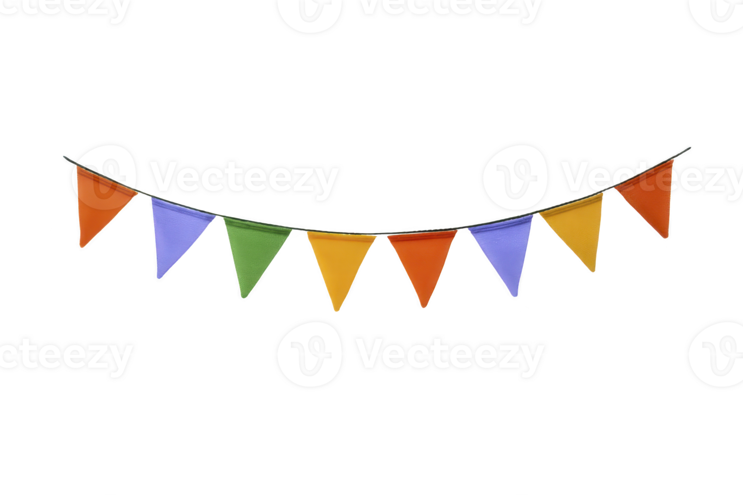 Colorful triangular pennant flags in orange, blue, green, and yellow are strung together, creating festive and cheerful decoration. Perfect for parties and celebrations png