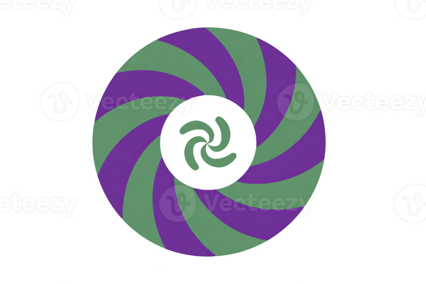 Colorful, abstract circular design features alternating purple and green spiral patterns, creating dynamic and vibrant visual effect. central motif adds depth and intrigue png