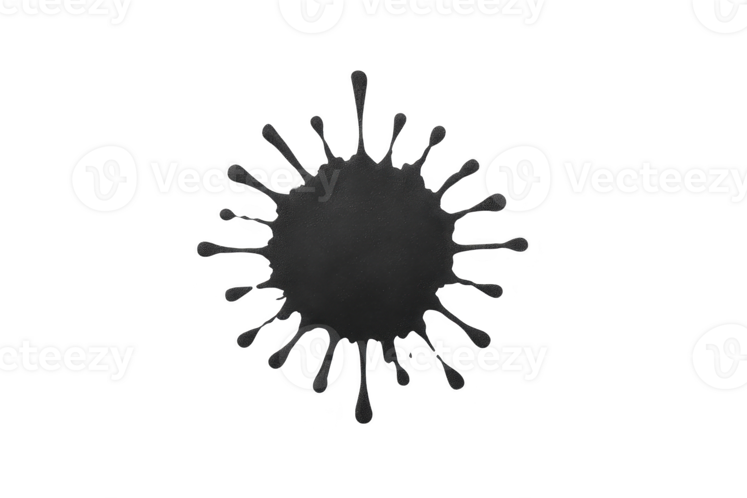 Black ink splatter with circular shape and radiating drips on transparency background, resembling abstract art piece or creative design element png