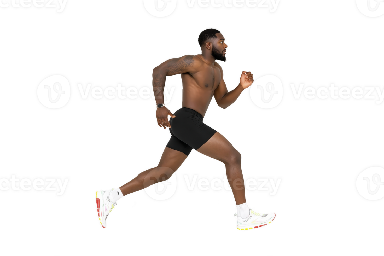 Muscular man is running energetically, wearing black shorts and white sneakers. His athletic build and focused expression convey determination and strength png
