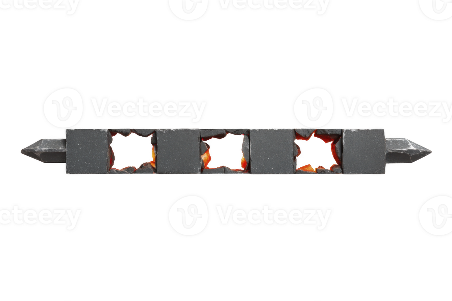 Row of blackened, cracked stones with fiery orange and red glowing cracks creates dramatic and intense visual effect. stones are aligned horizontally, with pointed ends png